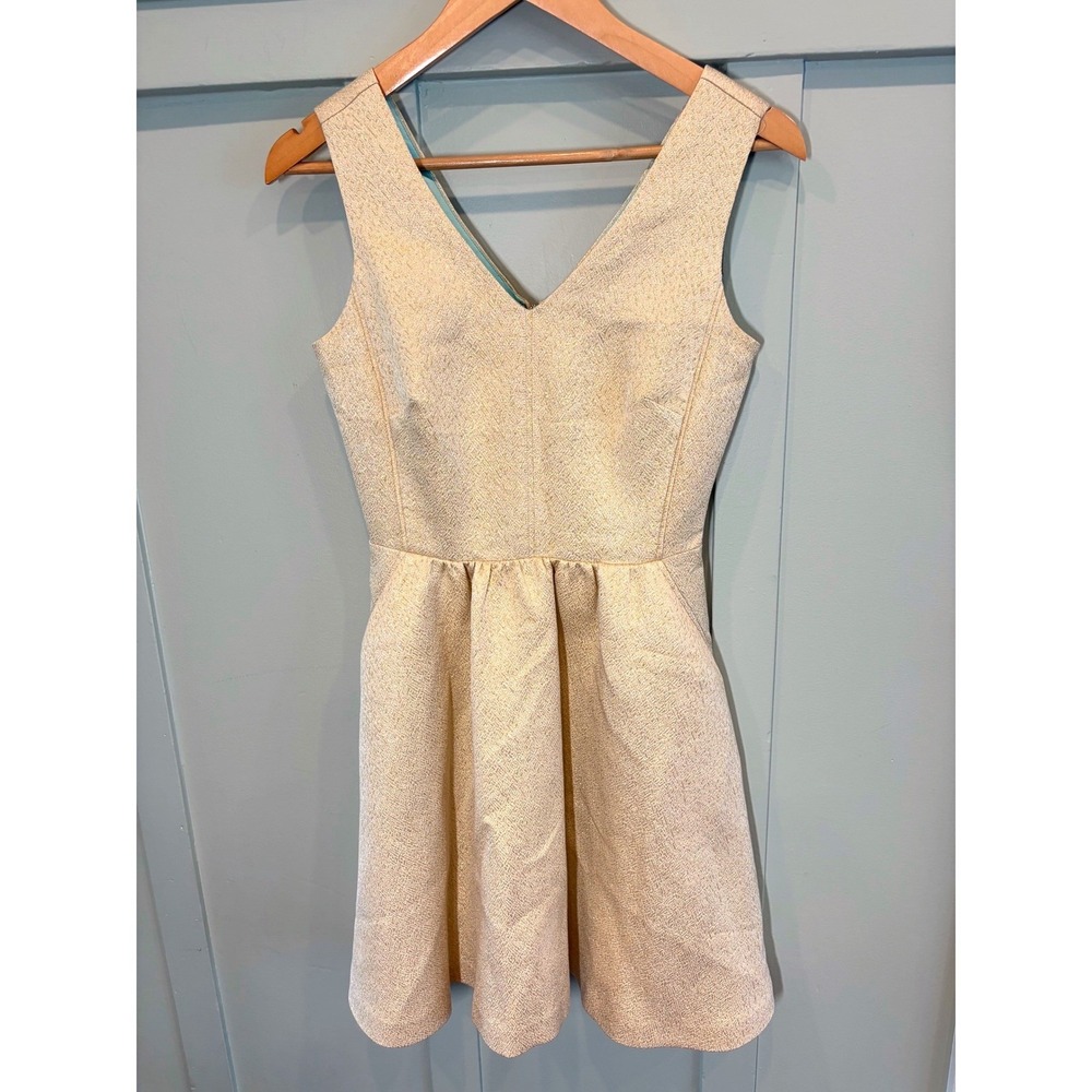 Vineyard Vines Gold Metallic Fit & Flare Dress  Pockets Silk Blend Sz 0